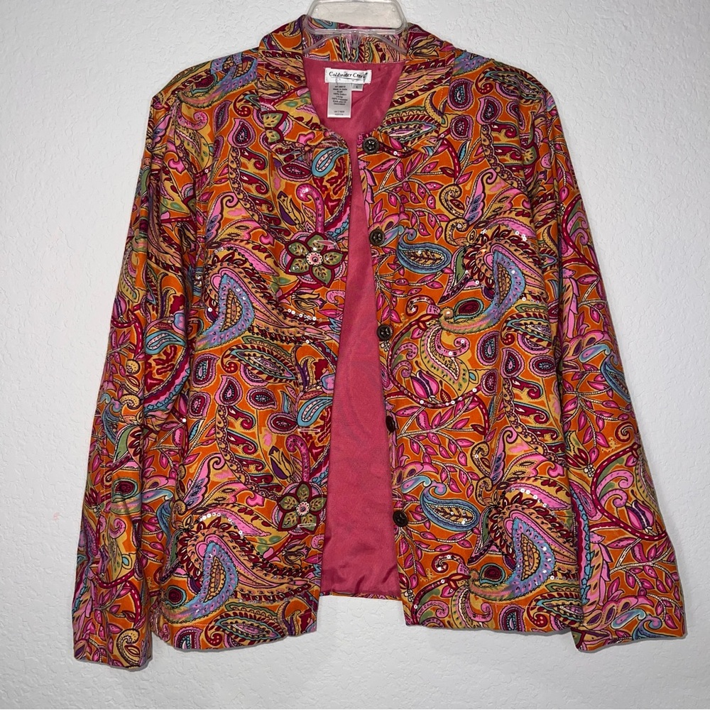 Coldwater Creek Multicolor Paisley Beaded Denim Jacket